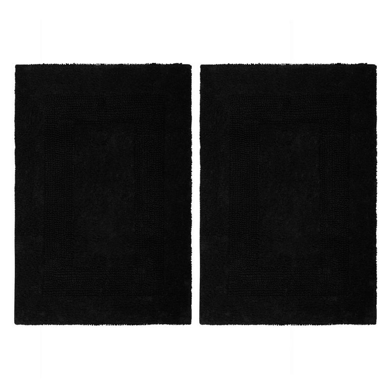 COTTON CRAFT Luxurious Bath Mat Rug - Set of 2 Reversible Heavyweight Step Out Bath Mats for Bathroom Floor, Tub and Shower - Pure Cotton Soft Plush Absorbent Tufted Racetrack Mat - 17x24 inch - Black - Image 1